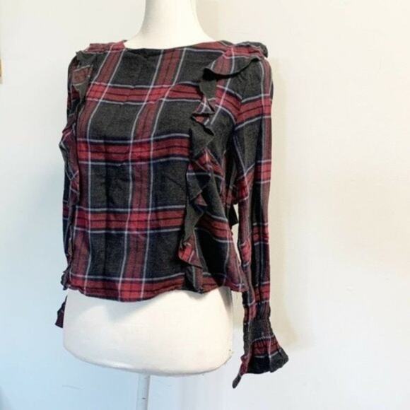 Romeo + Juliet Couture long sleeve plaid Ruffle top red gray sz M - Picture 1 of 12
